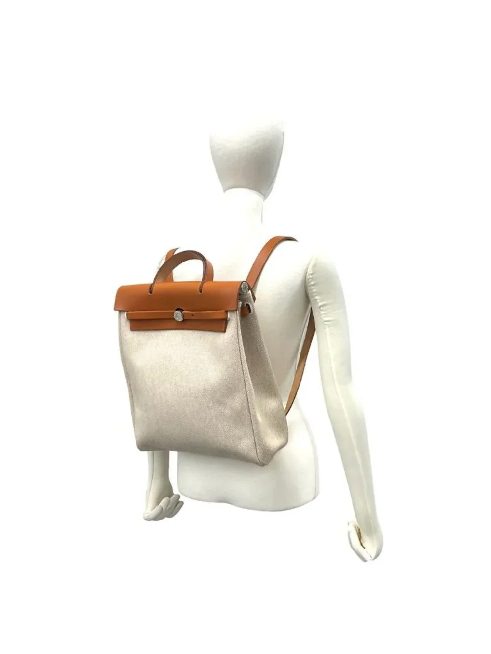 Hermes Herbag a Dos PM Toile H Leather Backpack Gold Ivory
